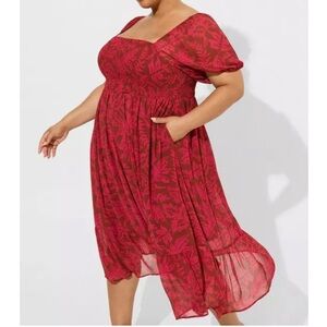 Torrid Tea Length Smocked Bodice A-Line Dress | Leaves